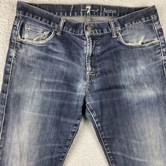 7 For All Mankind Mens Dark Wash Austyn Straight Leg Jeans 38x34 Distressed - Picture 2 of 16